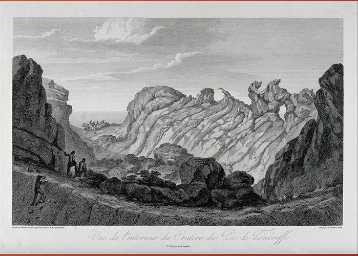 Line drawing of a volcanic crater in Tenerife (Canary Islands), with two human figures appearing quite small among the peaks