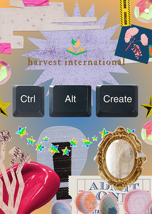 collaged zine cover with flowers, ticked stub, a mirror, rainbow stars, and paper cutouts