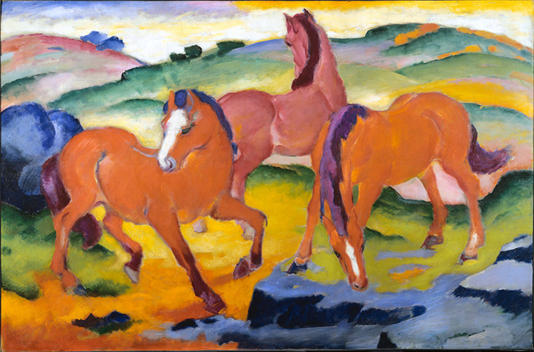 Painting of three horses grazing on hills