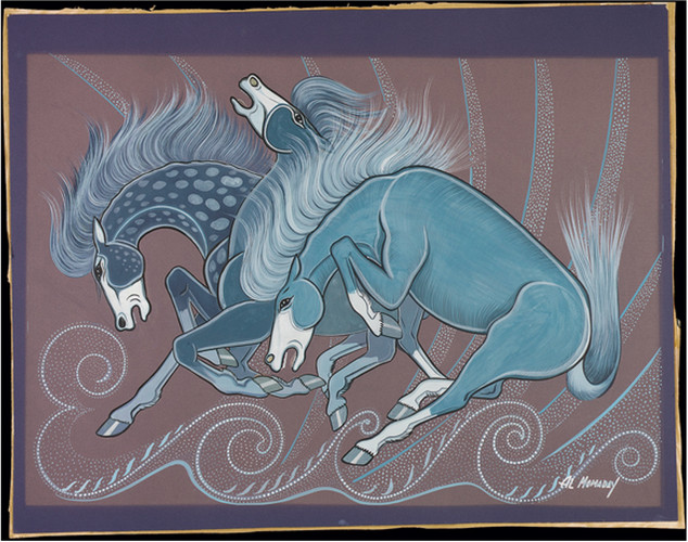 Paining of three blue horses running and tossing their manes