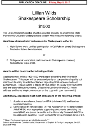 Flyer with information about the Lillian Wilds Shakespeare Scholarship