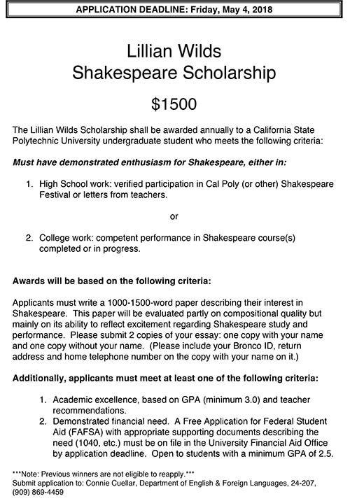 Flyer with information about the Lillian Wilds Shakespeare Scholarship