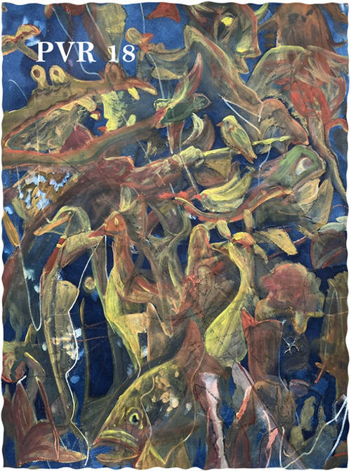 painting of water creatures including alligators, fish, birds, and frogs