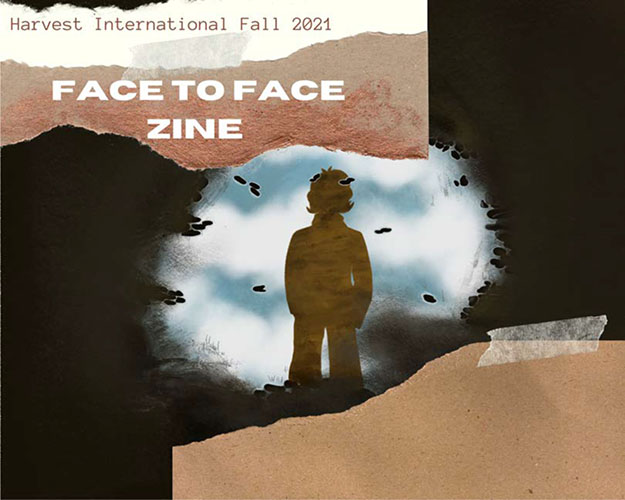Harvest International Fall 2021 Face to Face Zine cover: silhouette of a person standing in front of a partly-cloudy sky