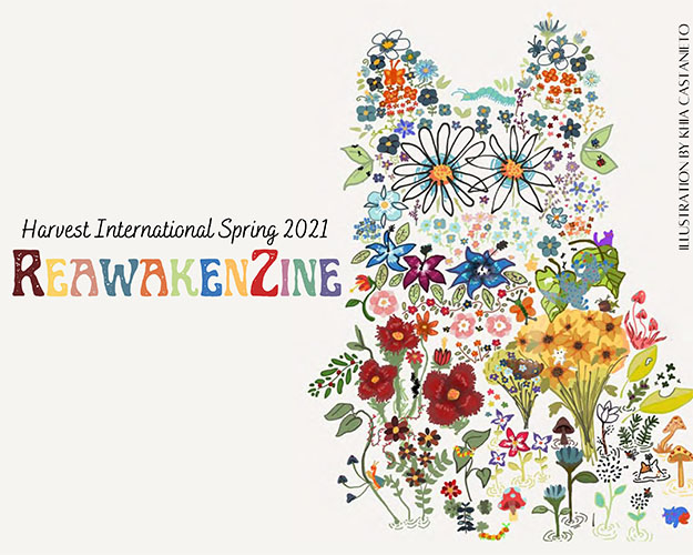 Zine cover image: text on the left that says, "Harvest International Spring 2021 REAWAKENZINE" and on the right has lots of colorful illustrated flowers that are arranged in the shape of a creature -- maybe an owl? The far right margin reads, "Illustration by Khia Castanieto"