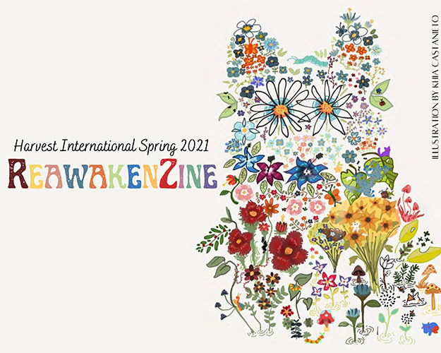 Zine cover image: text on the left that says, "Harvest International Spring 2021 REAWAKENZINE" and on the right has lots of colorful illustrated flowers that are arranged in the shape of a creature -- maybe an owl? The far right margin reads, "Illustration by Khia Castanieto"