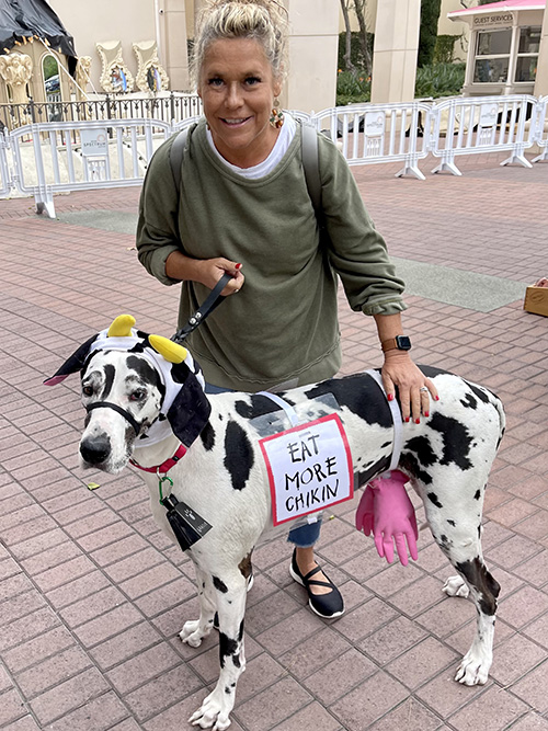 Gracie, dressed up as a cow for Halloween, and Hodson