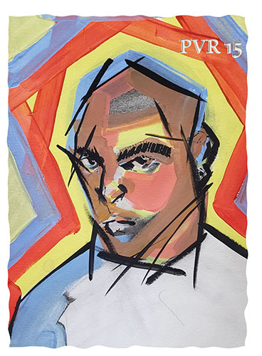 PVR 15's cover: a brightly-colored sketch drawing with a bald medium skin toned person's face in the middle. The person might be smirking or scowling. Around their head, bold blue, yellow, and red colors seem to radiate.
