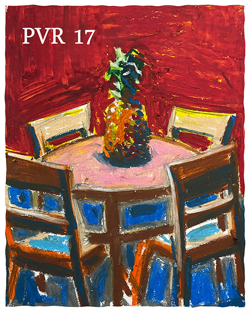Painting of a red room with a small round table surrounded by 4 chairs. On the table is a pineapple.