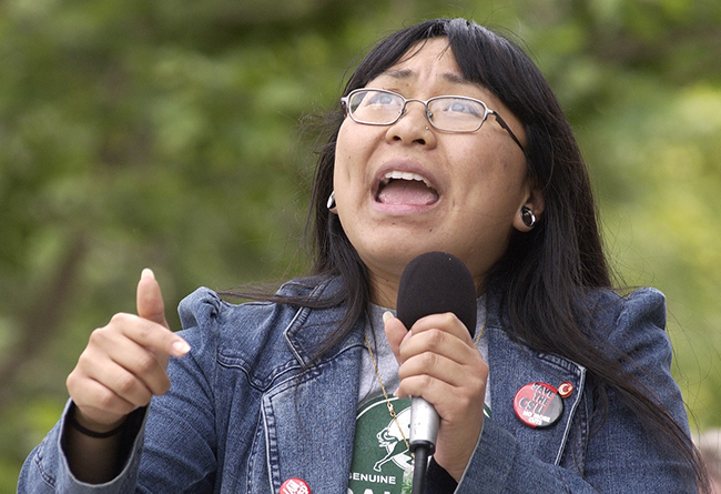 student speaking at rally