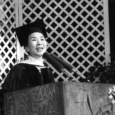 Michi Weglyn at Cal Poly Pomona delivering speech during commencement