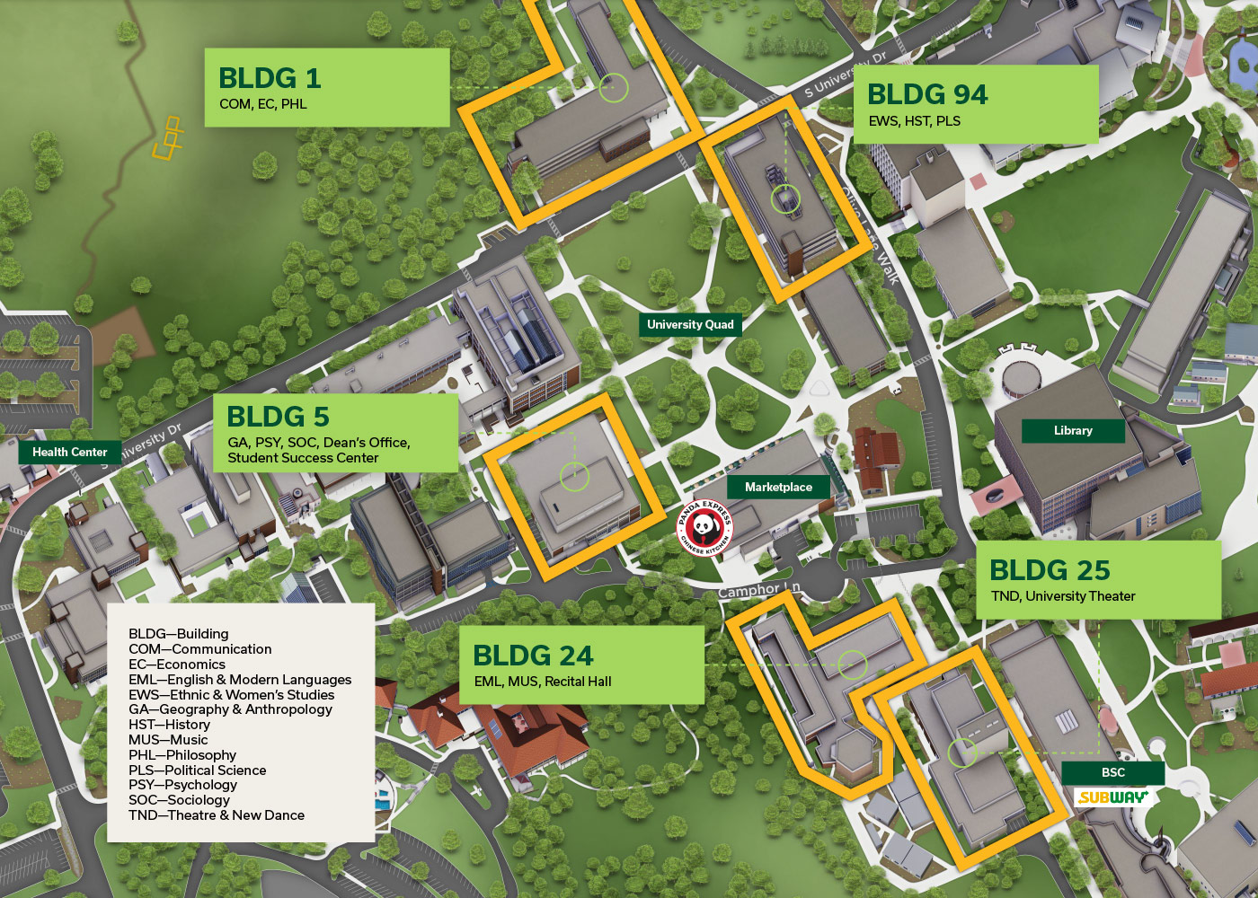 map of buildings in the College of Letters, Arts and Social Sciences