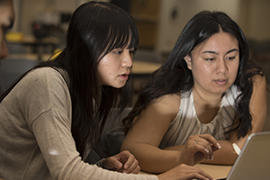 2 students looking at a laptop