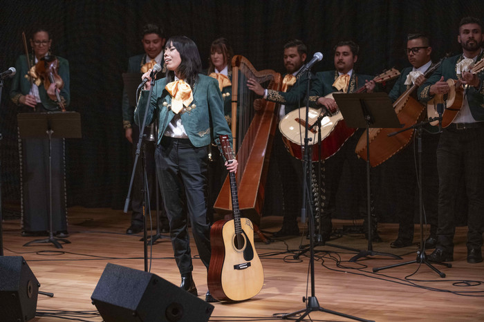 Student vocalist performs with Mariachi Los Broncos de Pomona during a concert at Cal Poly Pomona.