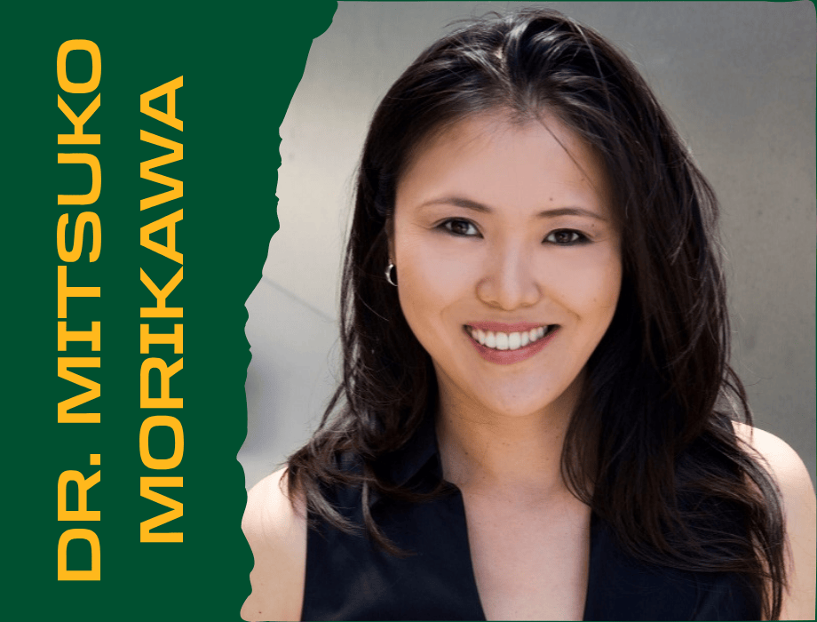 Portrait of Dr. Mitsuko Morikawa smiling against a neutral background with her name in yellow text on a green banner along the left side.