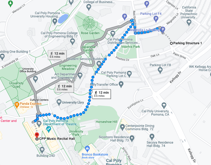 Map showing walking directions from Cal Poly Pomona Parking Structure 1 to the Music Recital Hall, approximately a 12-minute walk across campus.