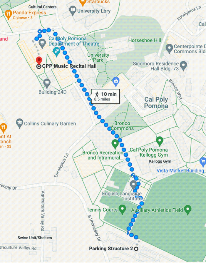 Map showing walking directions from Cal Poly Pomona Parking Structure 2 to the Music Recital Hall, approximately a 10-minute walk across campus.