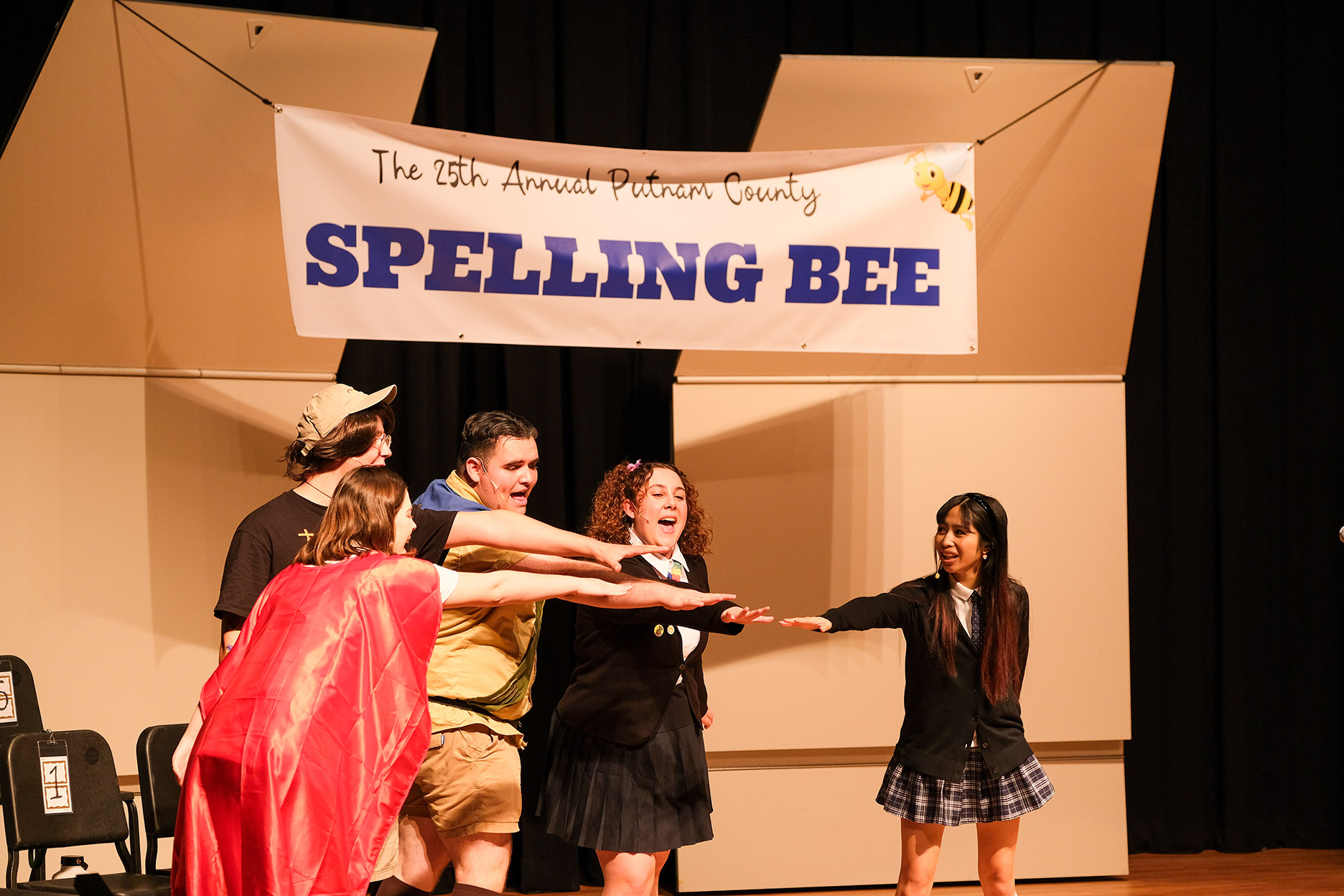 The 25th Annual Putnam County Spelling Bee cast on stage during the performance.