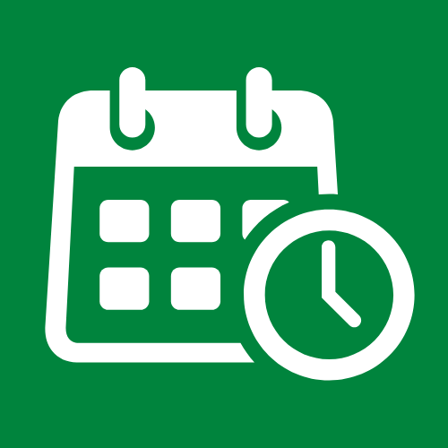White calendar and clock icon on a green background.