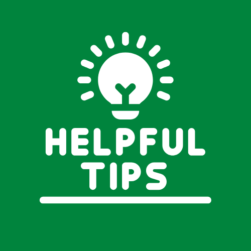 White lightbulb icon with the words Helpful Tips underneath on a green background.