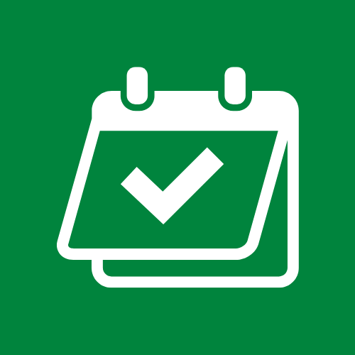 White calendar with a checkmark in the middle icon on a green background.