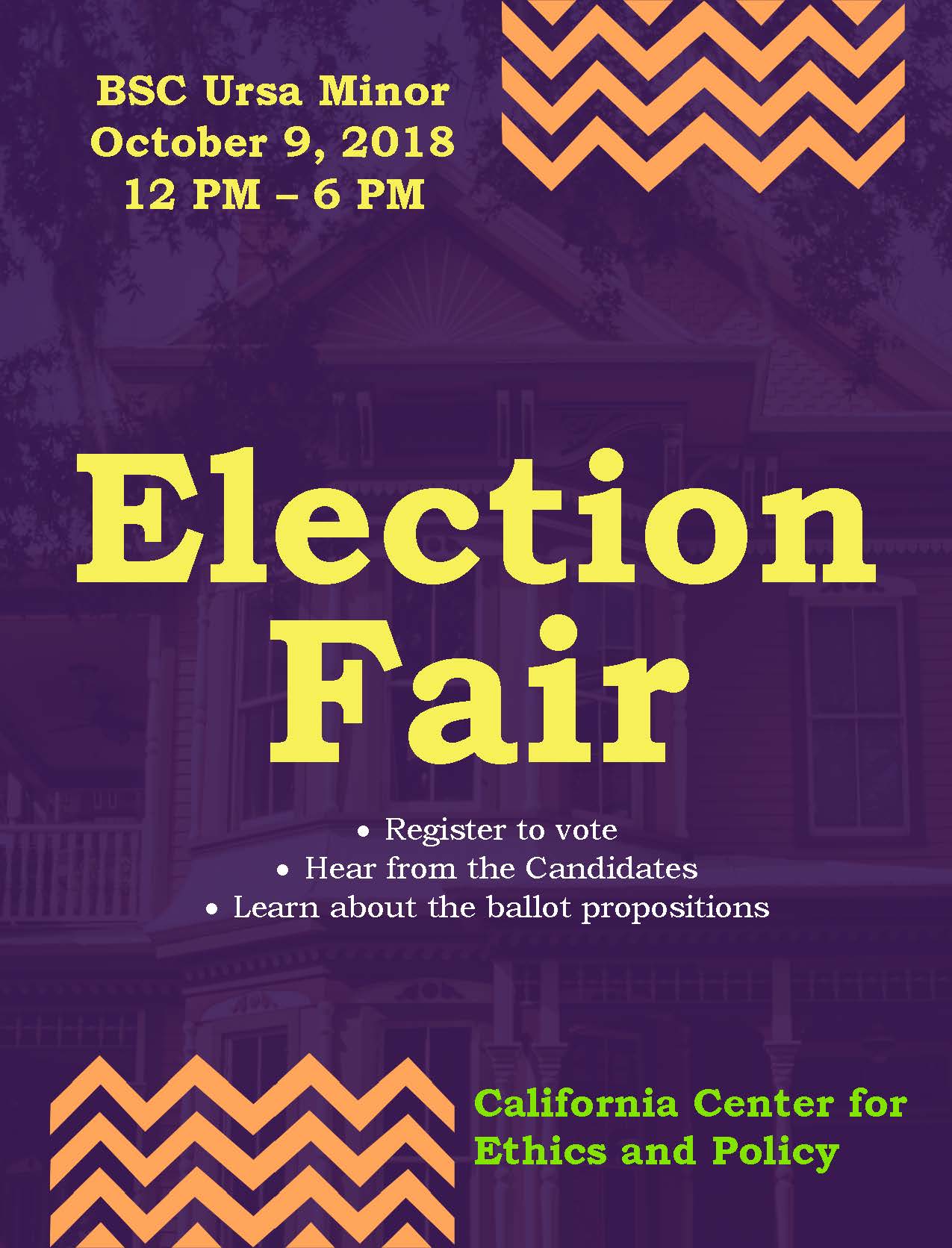 Election Fair Flyer, announcing that event will be held on October 9th from 12pm to 6pm in the Bronco Student Center, Ursa Minor Room