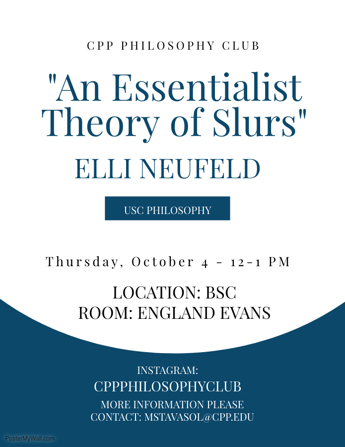 Flyer for talk to be given by Elli Neufeld on Thursday, October 4th in the Bronco Student Center, England Evans Room 