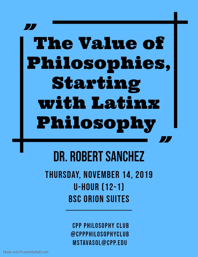 Flyer for Robert Sanchez's talk on the value of philosophies