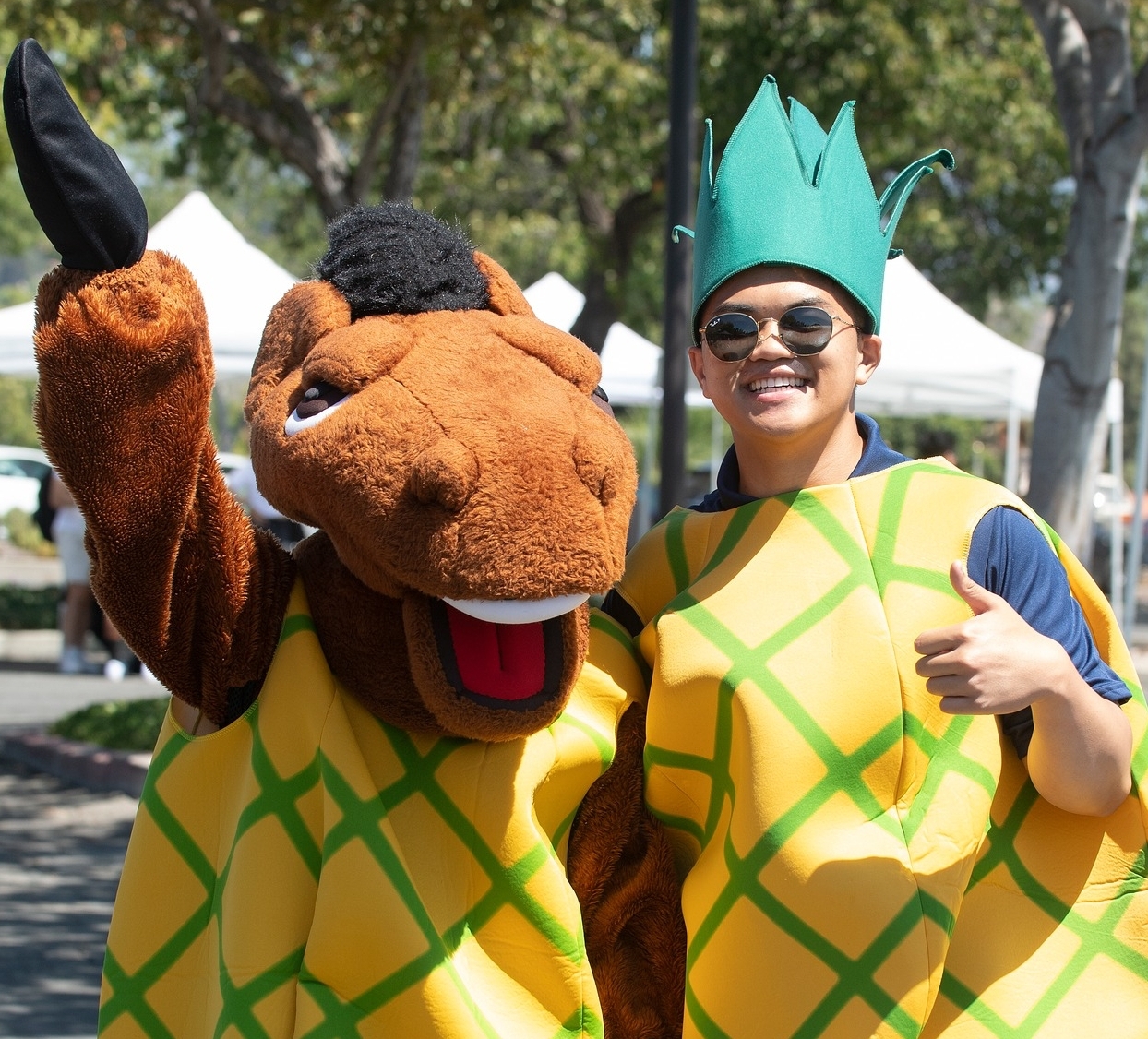 Billy Bronco mascot and student in pineapple costumes