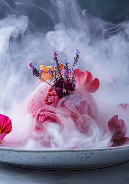 An ice cream dessert with dried ice. 