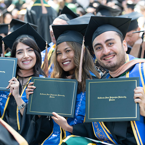 three graduates hold their diplomas while smiling during the 2024 College of Business commencement ceremony.