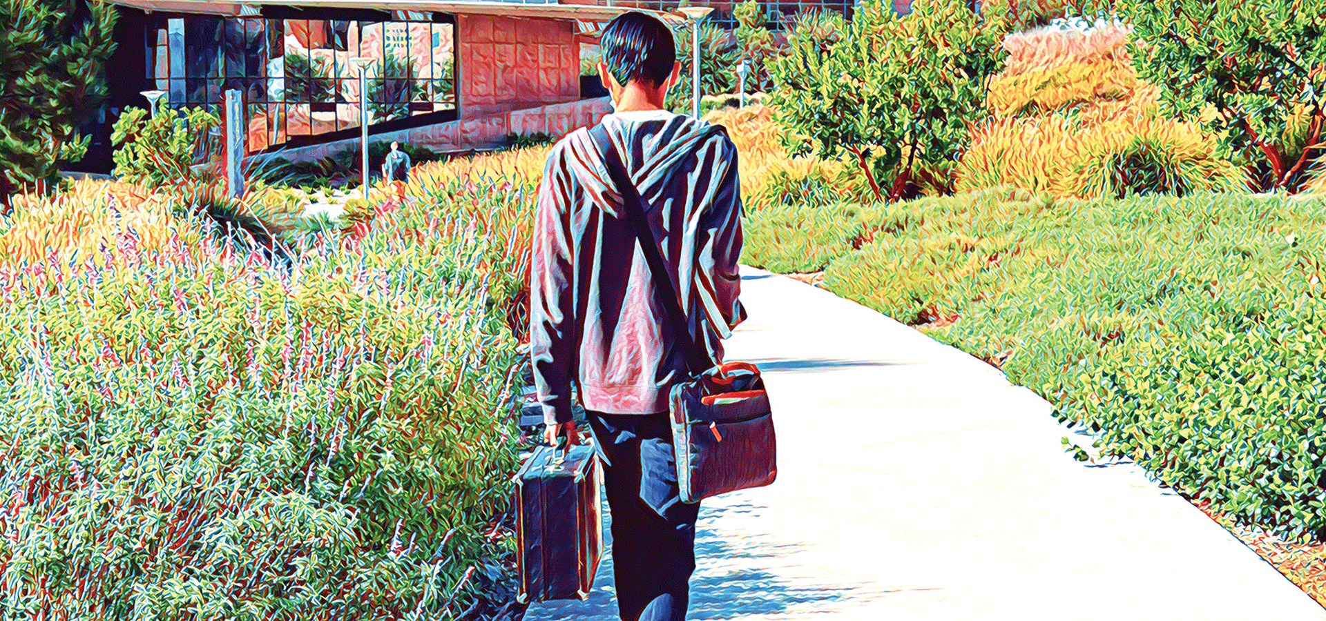 A male student walking towards the SSB