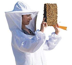 A beekeeper holds a beehive.