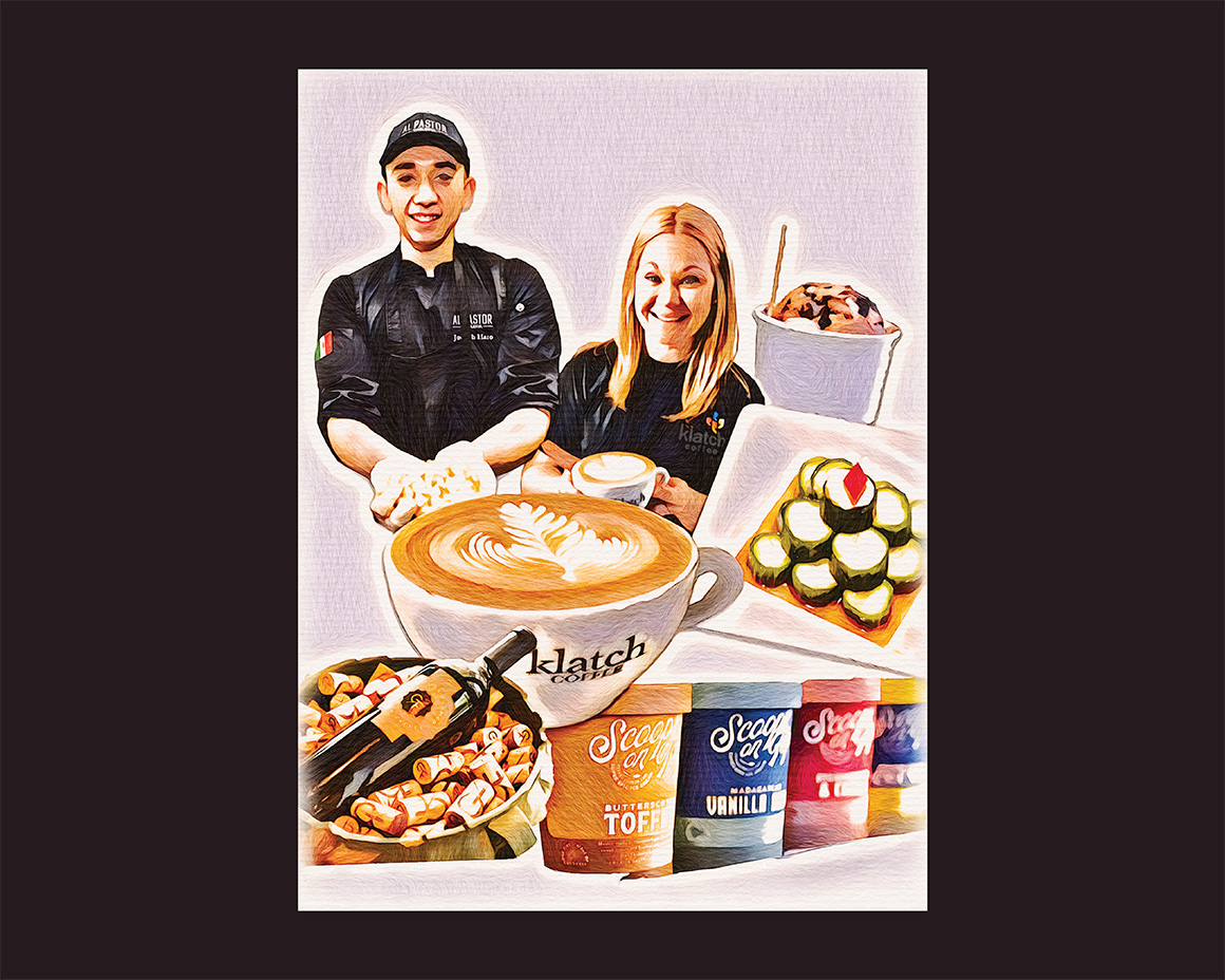Illustrated cover featuring two alumni, a klach coffee mug, Scoops on Tap Ice Cream and a bucket filled with wine on corkscrews. 