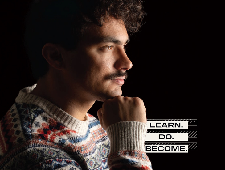 A person's side view with the words Learn. Do. Become.