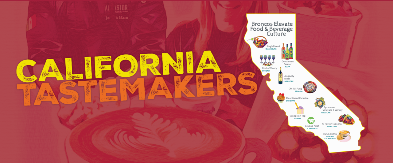 State of California sihlouette that says California Tastemakers. Broncos Elevate Food & Beverage Culture.