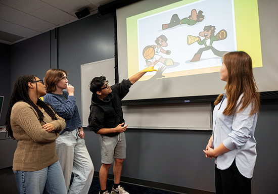 students looking at an illustration on the screen