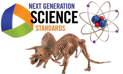 next generation science standards with model of atom and dinosaur skeleton