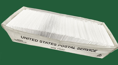 Bulk Mail Services title and an image of a USPS mail tray filled with mail