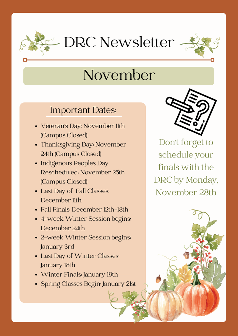 Page 1 of Newsletter with theme of orange pumpkins and green vines. Text is on webpage