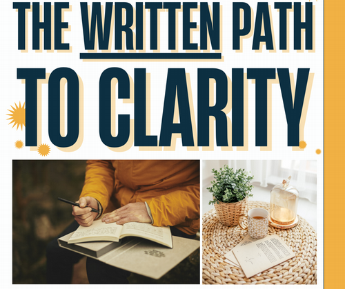 Flyer with title of event with someone writing in a journal