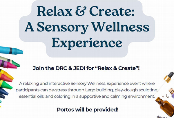 Flyer with crayons, essential oils and Legos. Text in flyer in surrounding