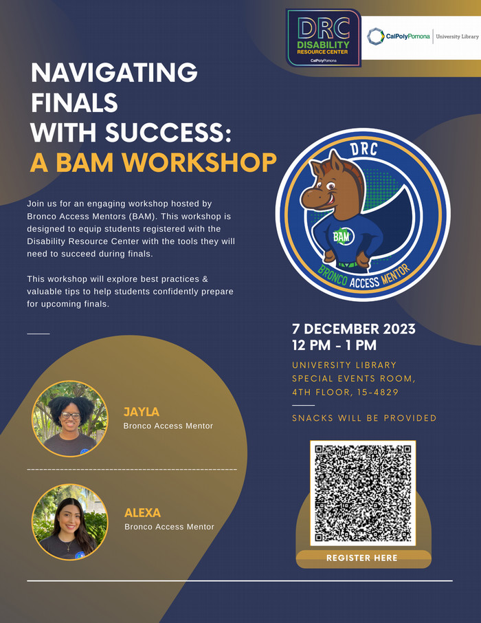 Flyer for event includes details, QR code to register and photos of the BAM mentors.