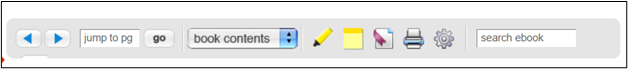 Screenshot of book menu with page navigation, book contents in a dropdown, highlighter, sticky note, bookmarker, print and gear for settings.