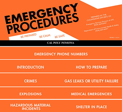 Campus emergency procedures pamphlet. Click for a PDF copy of the emergency procedures