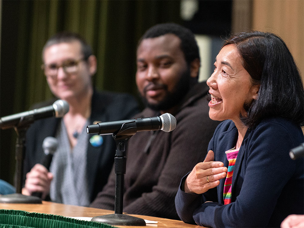 A person speaks during a panel discussion