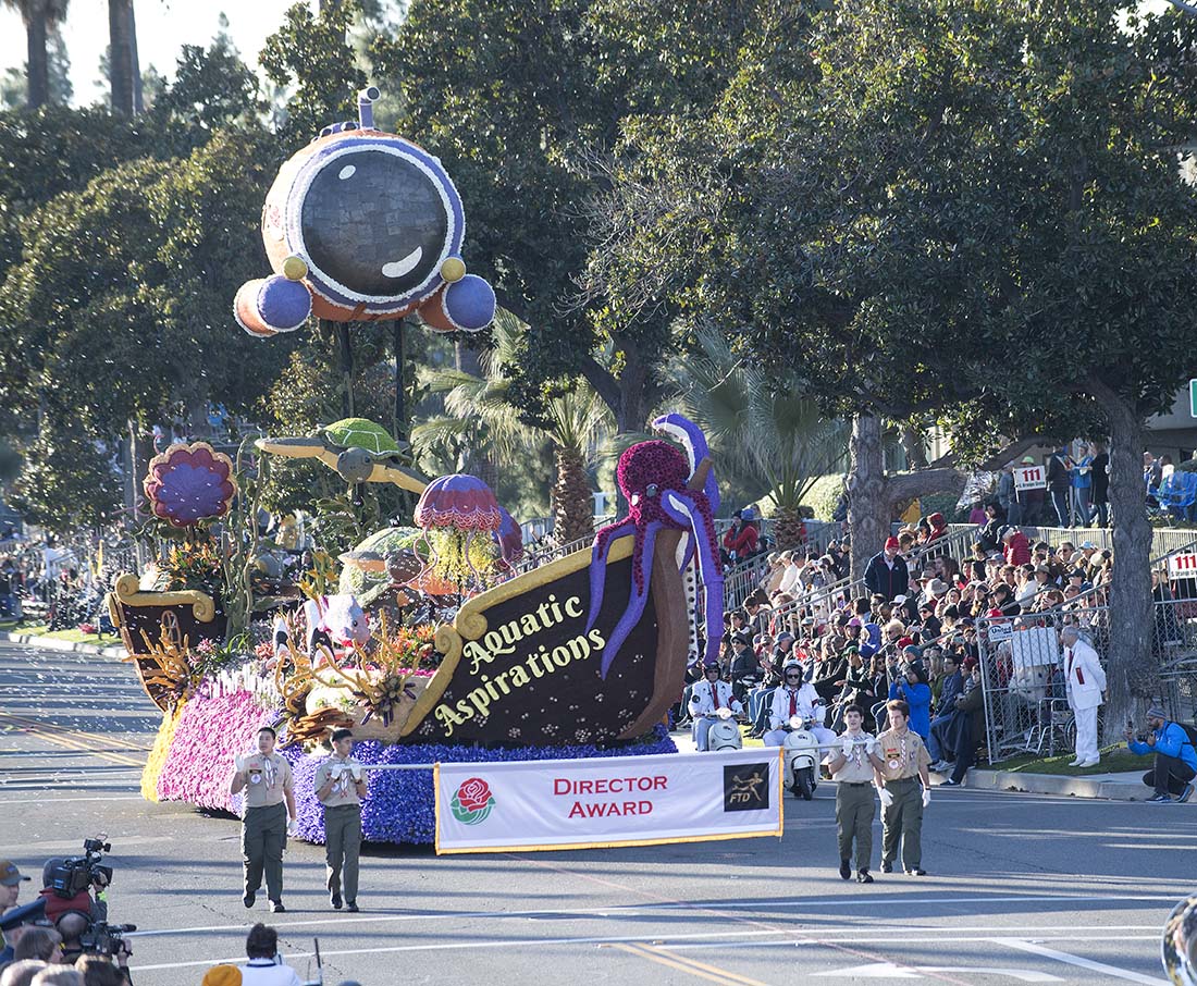 CPP students with their 2020 Rose Float "Aquatic Aspirations". Theirs is the only student-built float in Rose Parade.
