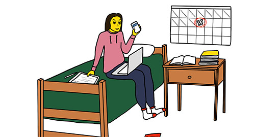An illustration of a student sitting on her bed and cheating on an online test.