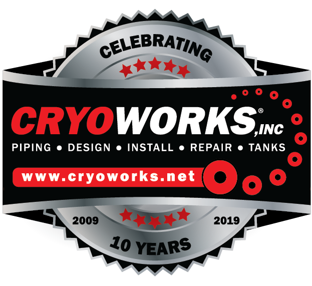 Cryoworks, Inc. anniversary logo with text Piping Design Install Repair Tanks www.cryoworks.net Celebrating 10 Years 2009-2019