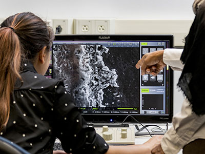 A student using a scanning electron microscope with instruction from faculty.
